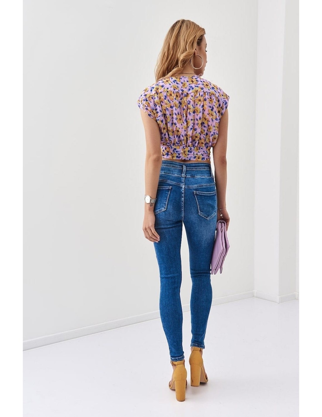 Chiffon blouse with ties in a floral print, lilac and yellow 20450 - Online store - Boutique